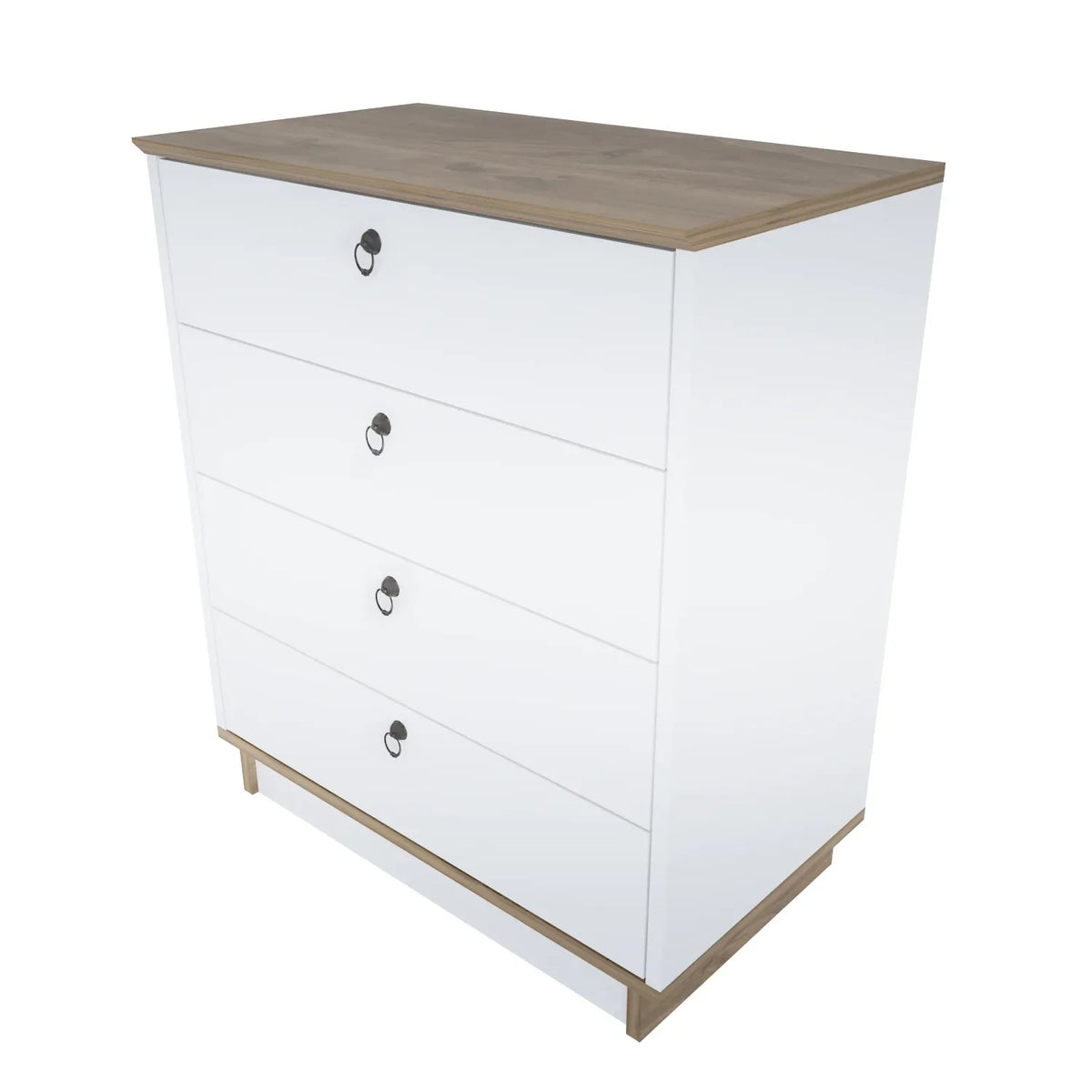 White modern dresser with wood top and black oval handles, angled side