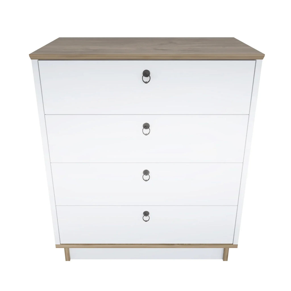 White modern dresser with four drawers, wood top, oval black handles