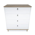 White modern dresser with four drawers, wood top, oval black handles