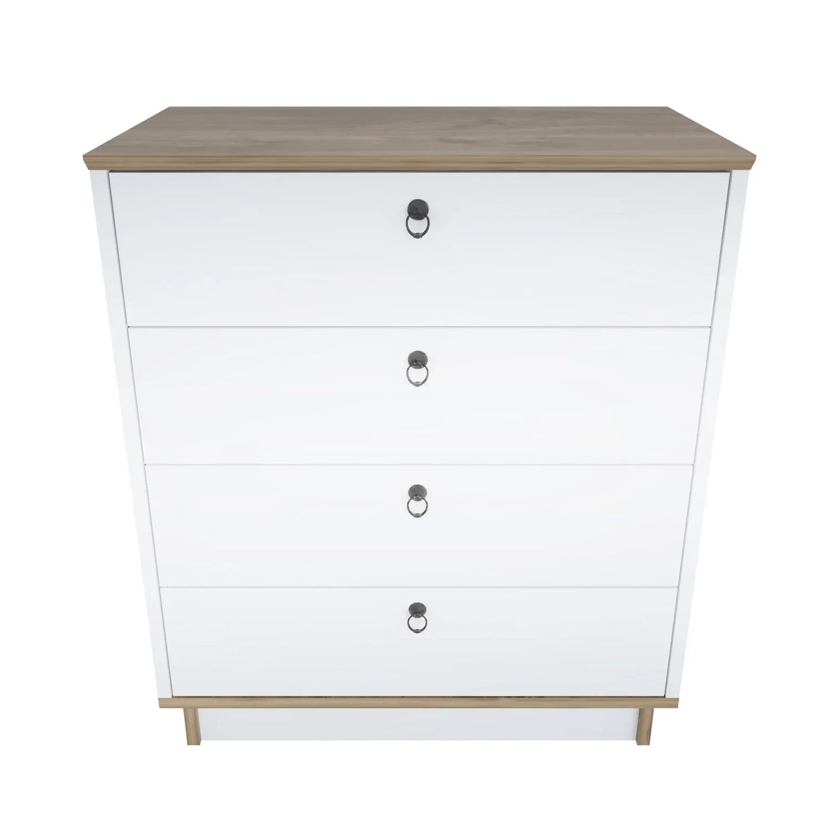 White modern dresser with four drawers, wood top, oval black handles