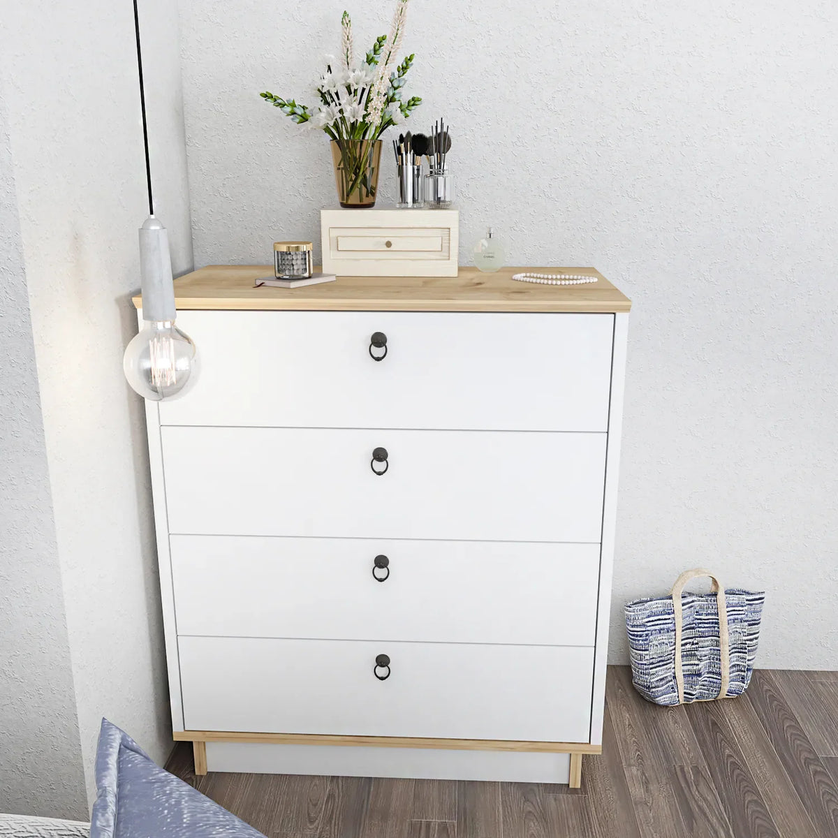 White 4-drawer dresser with wood top and black oval pulls, full front