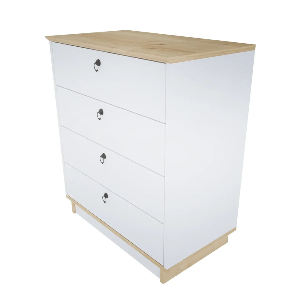 White dresser corner view with wood top, four drawers, black oval handles