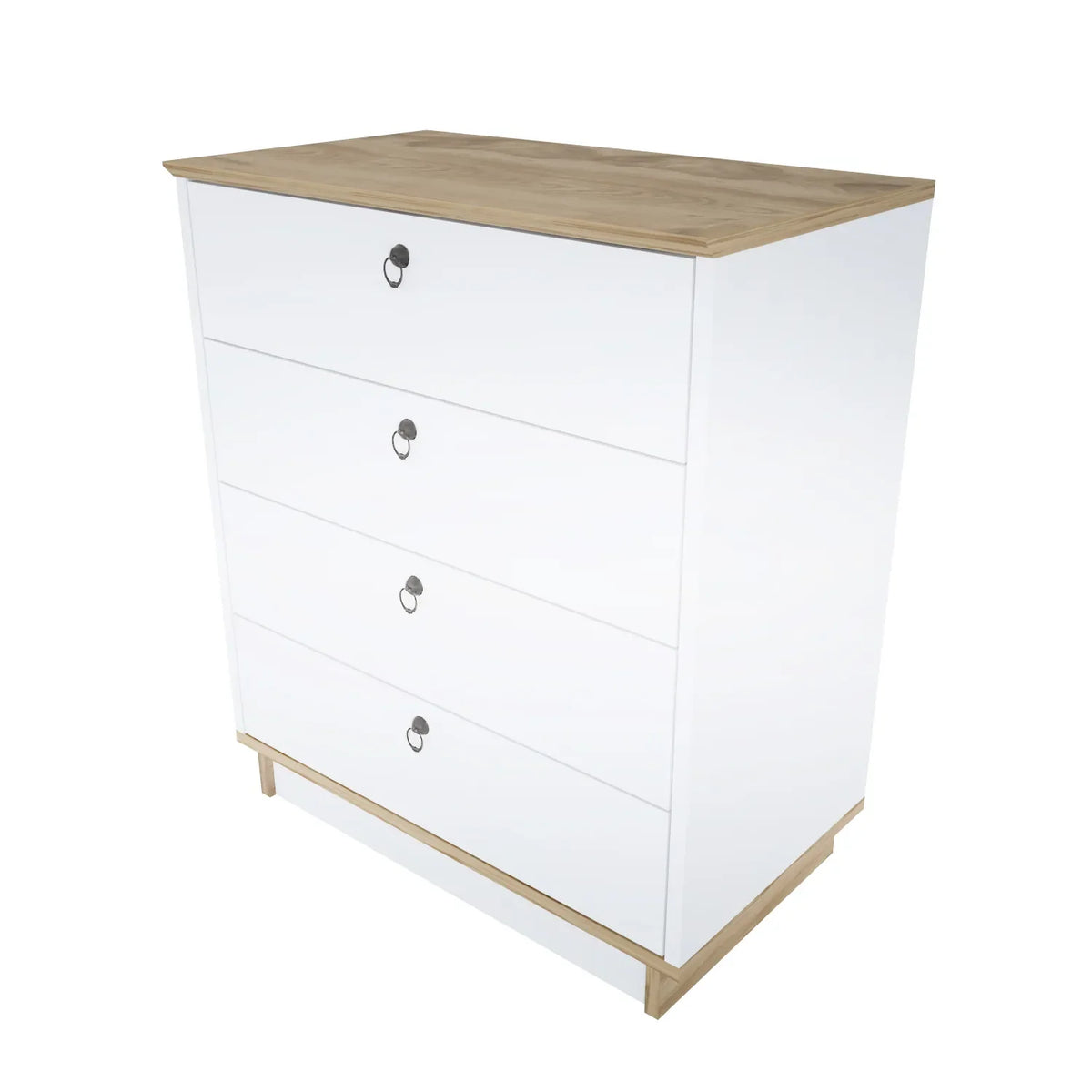 Modern white dresser with four drawers, light wood top, light wood base trim.