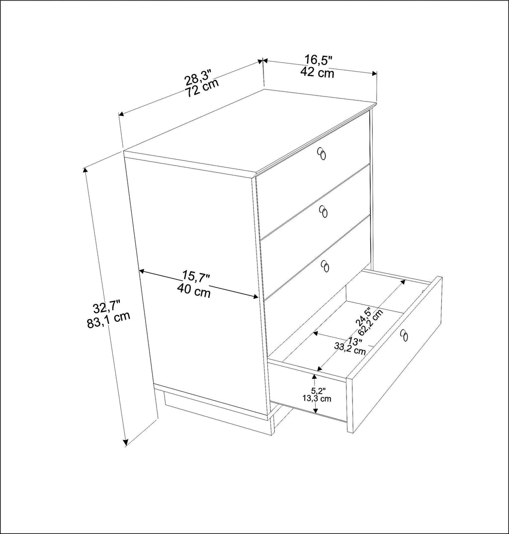 Four-drawer dresser dimensions diagram with labeled width, height, and depth.