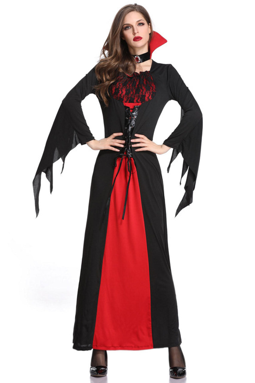 Black and red vampire costume dress with ruffled chest, corset lacing, draped arm panels