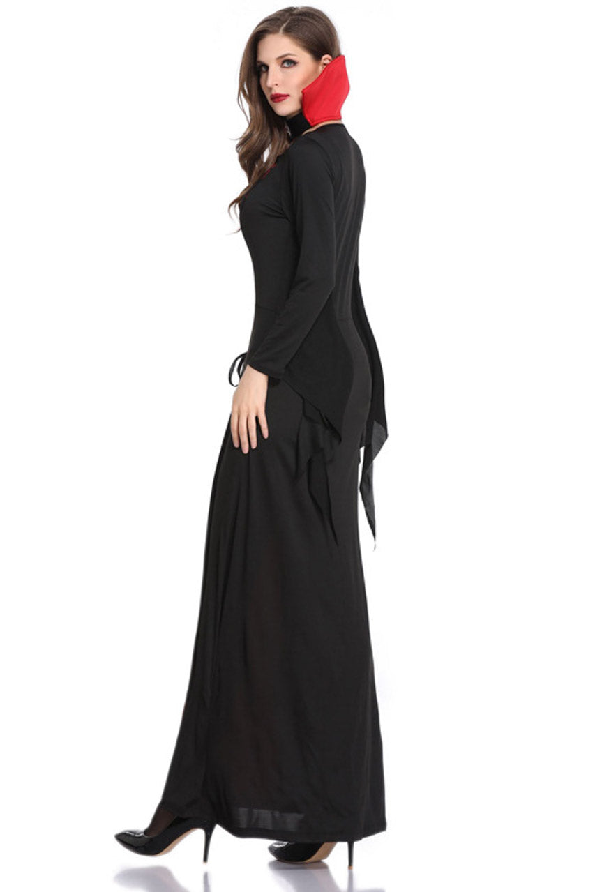 Black long vampire costume dress with draped side panels and red neck detail