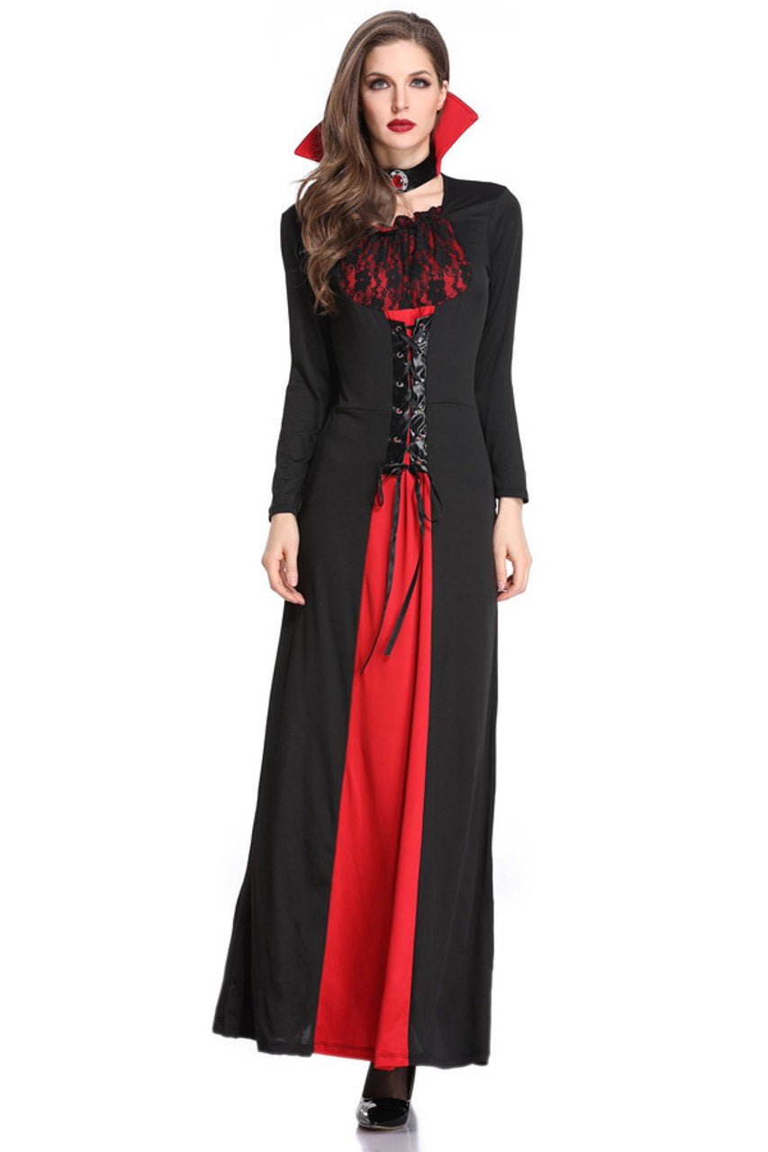 Black and red vampire costume dress with ruffled collar, corset lacing and red skirt panel