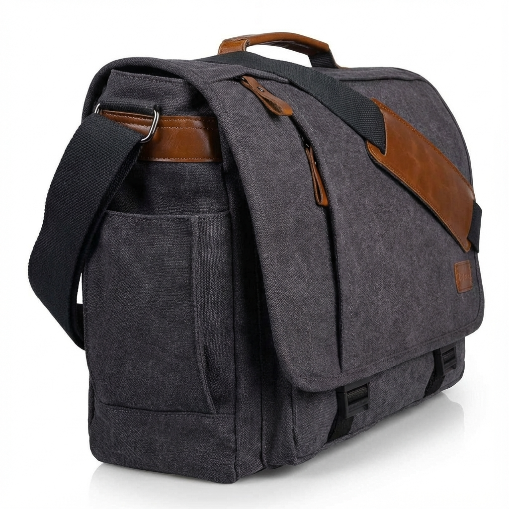 Gray canvas messenger bag with brown leather trim and adjustable shoulder strap