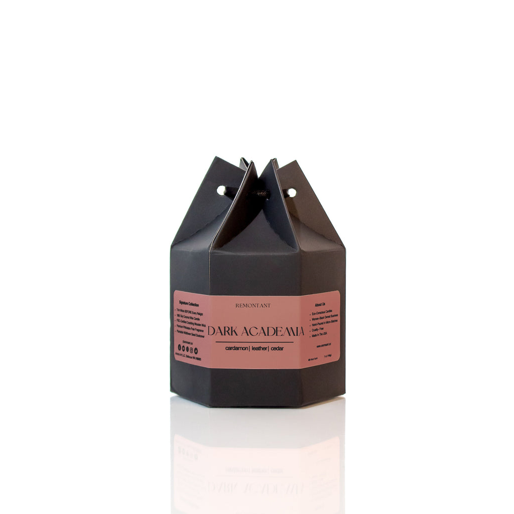 Black candle gift box with cutout top showing dark jar inside