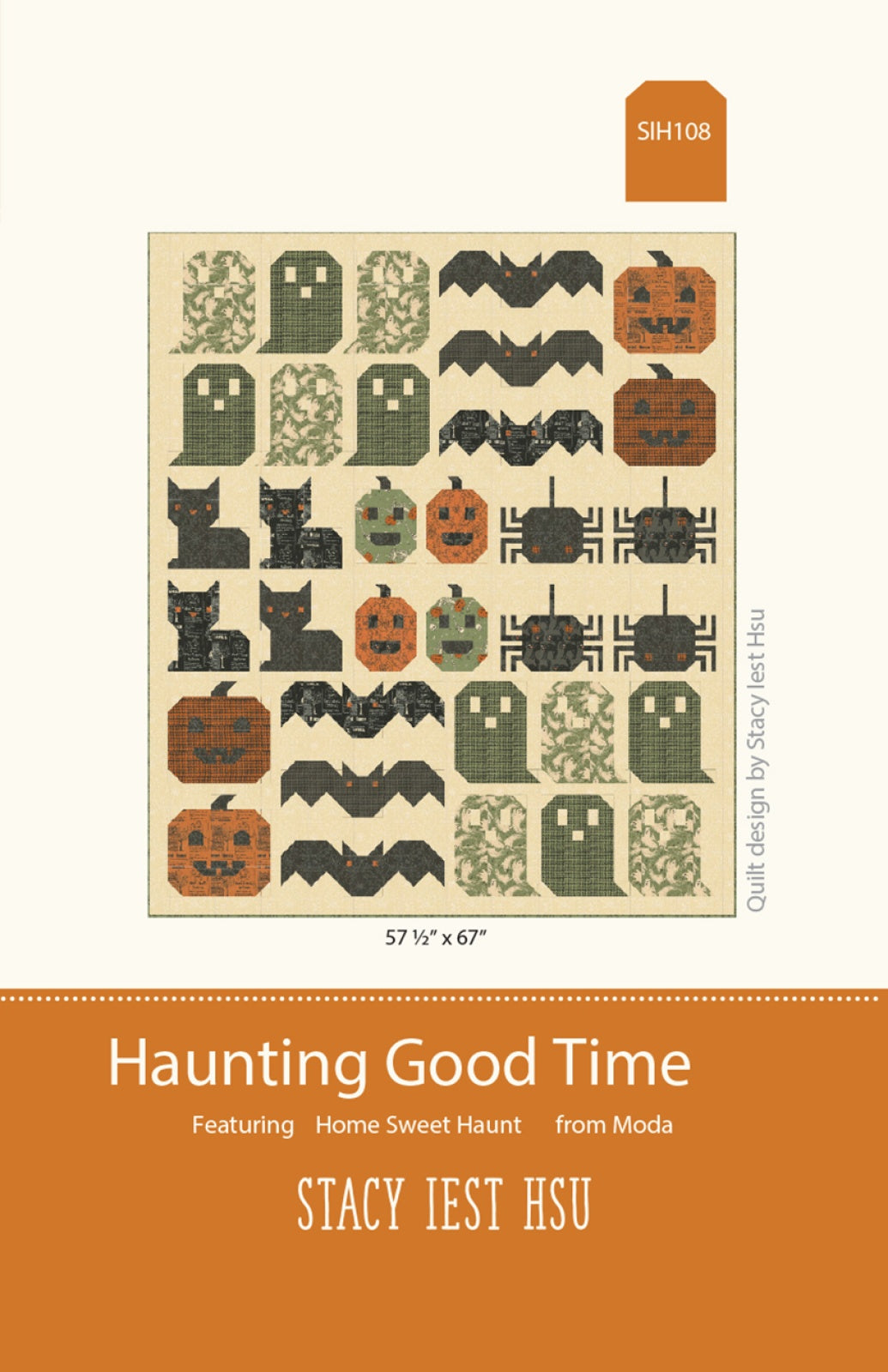 Halloween quilt pattern with finished layout blocks, 57x67 in design sheet