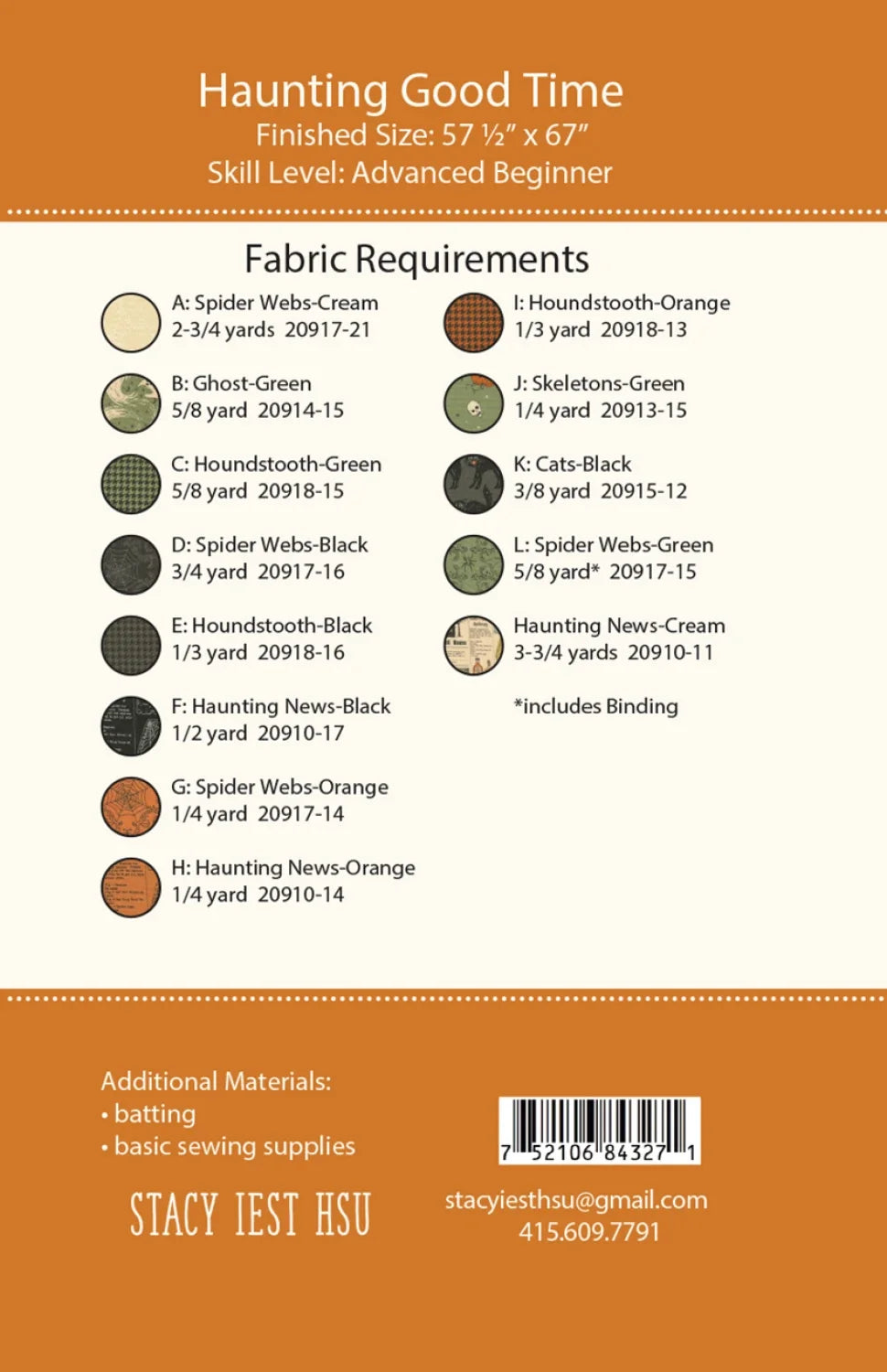 Quilt pattern guide page with fabric requirements and finishing details, 57x67 in