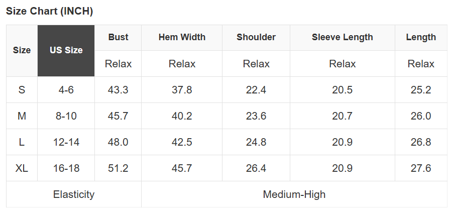 Size chart table for jacket measurements in inches (US sizes S to XL) 