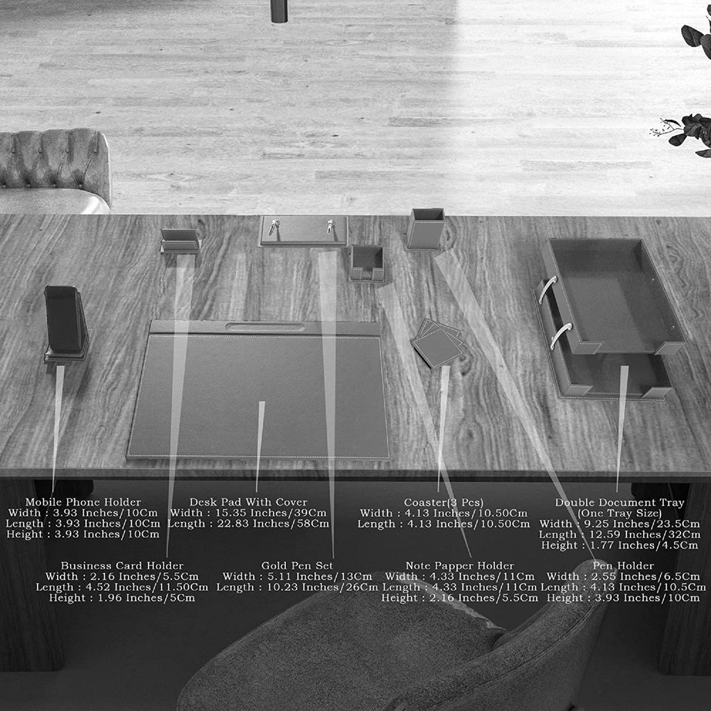 MOOG desk organizer set displayed on tabletop with trays, pen holders, and phone stand