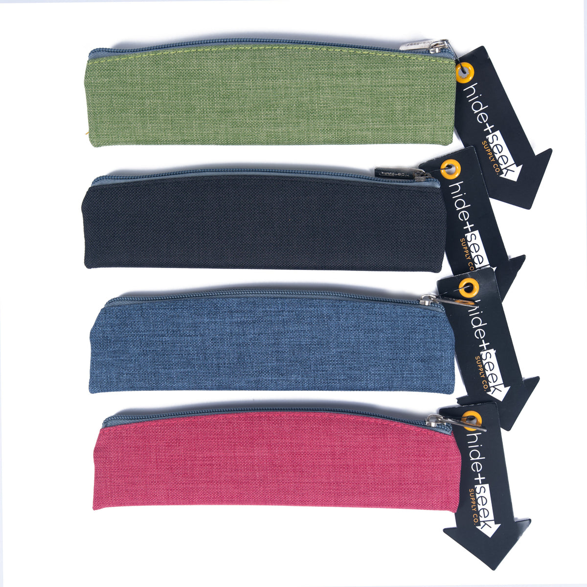 Set of 4 fabric pencil pouches, assorted colors, each with metal zip and hanging tags.