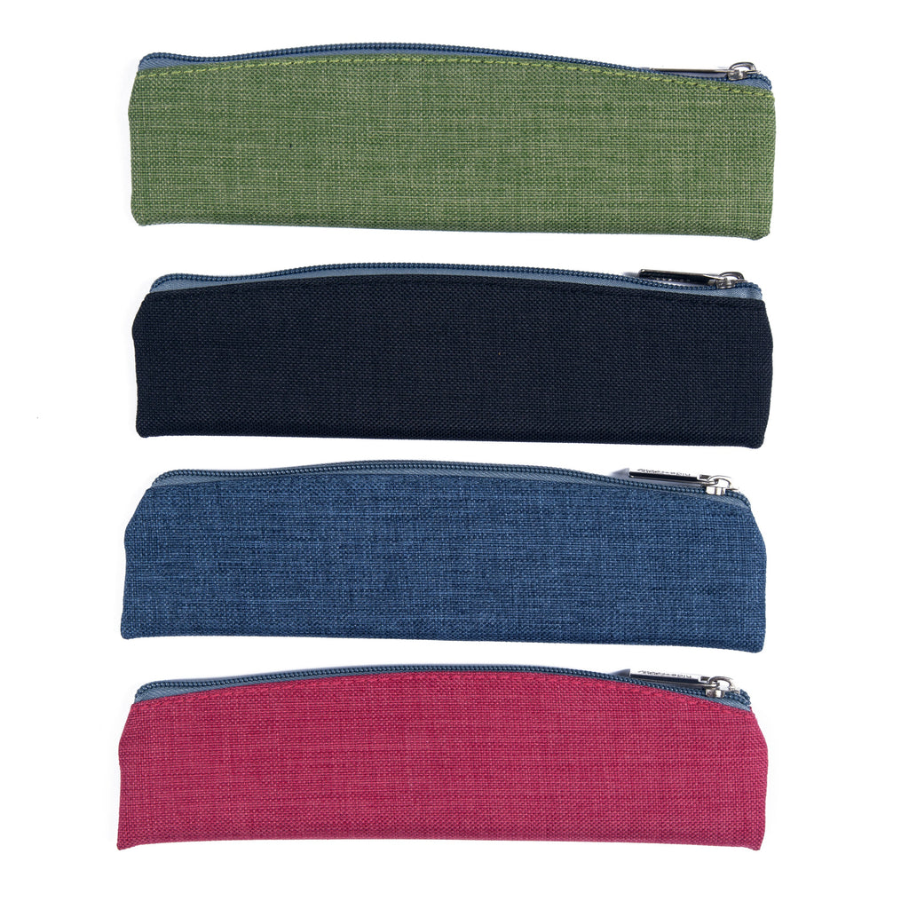 Set of 4 fabric pencil pouches: green, navy, blue, and pink with zip closures.