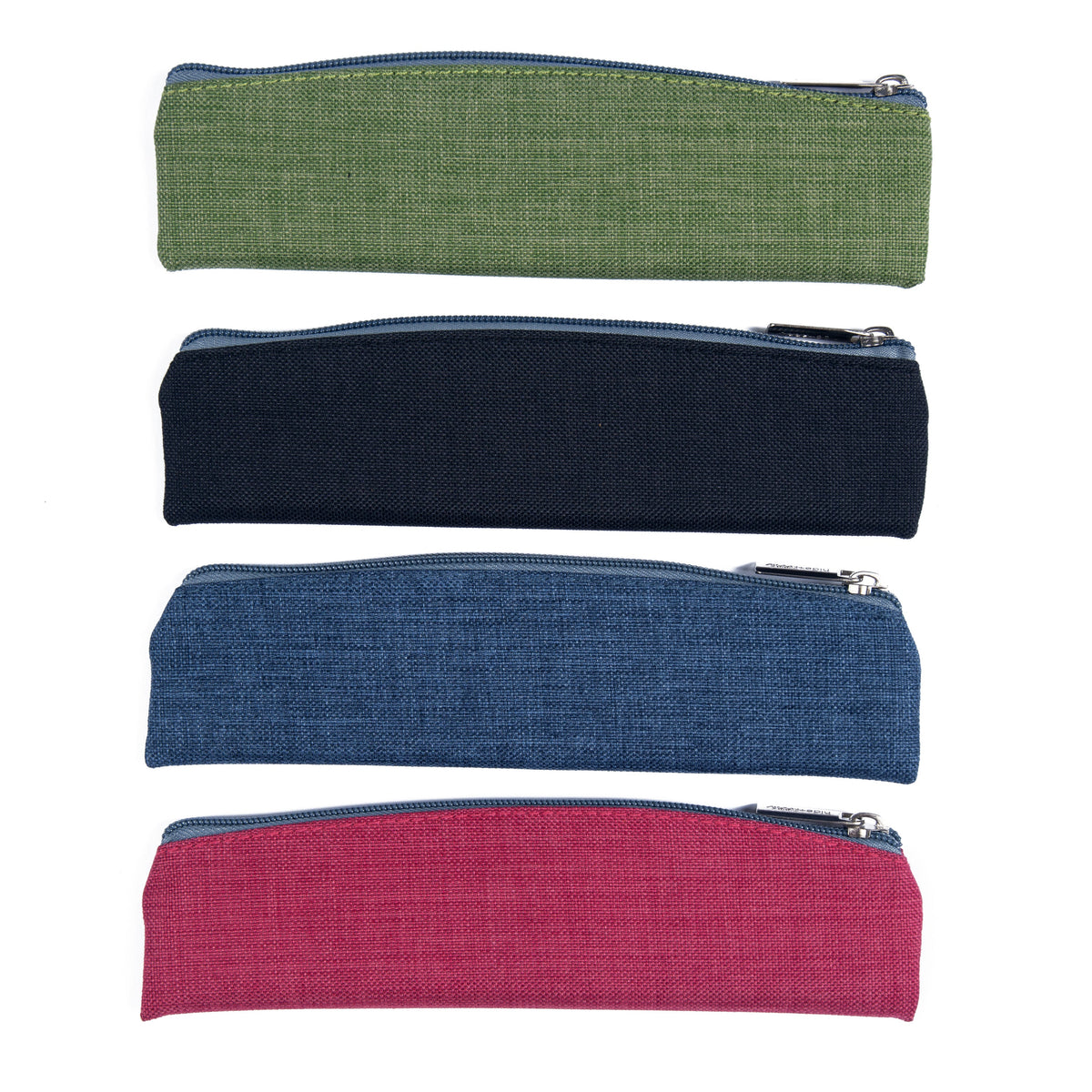Set of 4 fabric pencil pouches: green, navy, blue, and pink with zip closures.