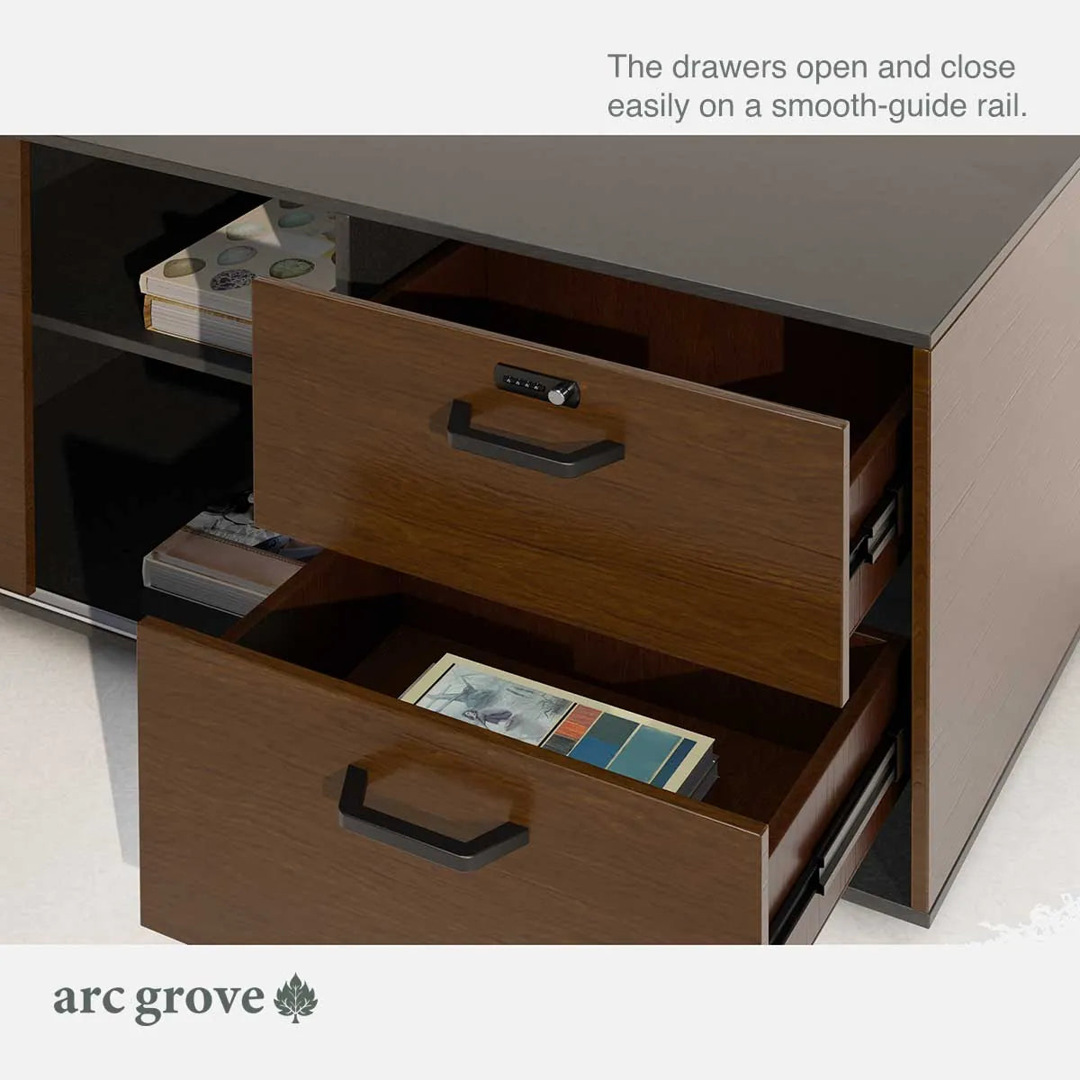 Dark oak desk with two open drawers showing smooth rails