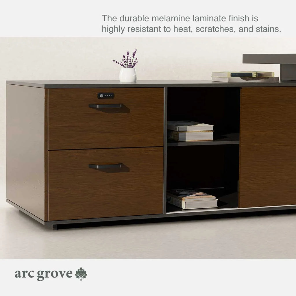 Dark oak desk cabinet with two drawers and open side storage cubby