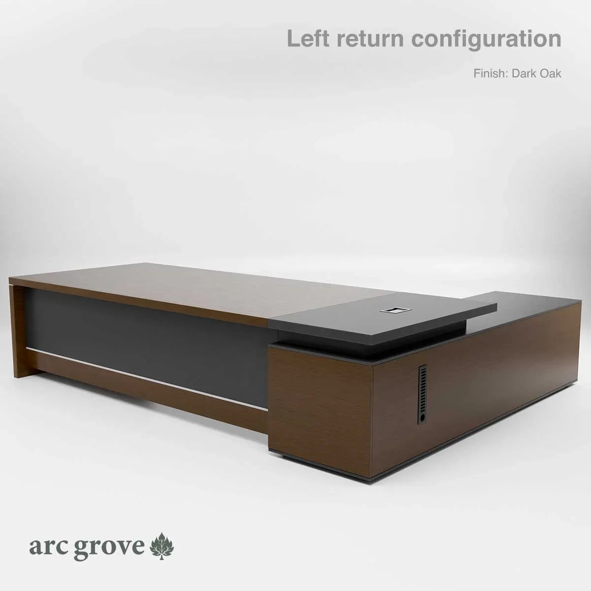L-shaped executive desk, left return, dark oak finish with drawer pedestal