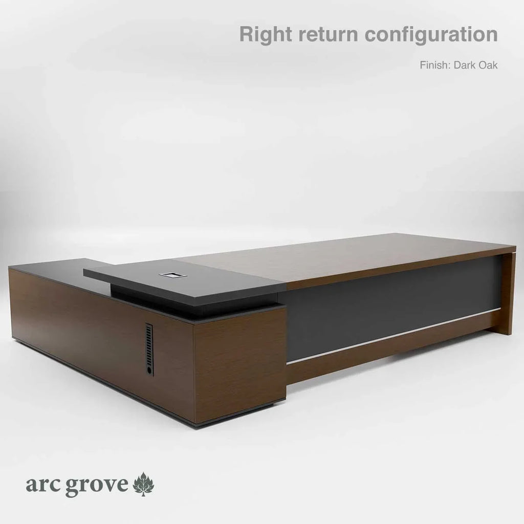 L-shaped executive desk, right return, dark oak finish with drawer pedestal