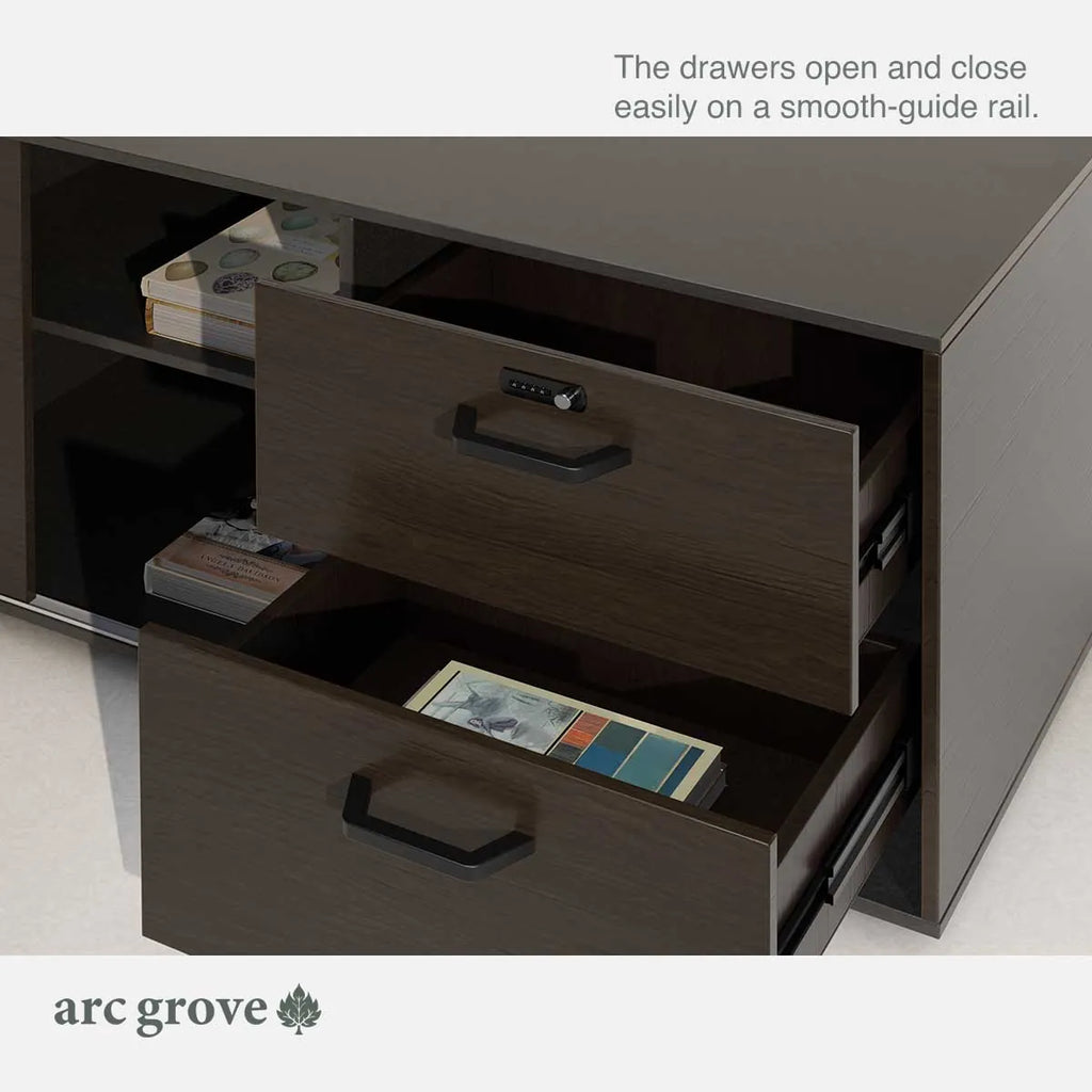 Executive desk drawer front panel open, showing interior storage compartments