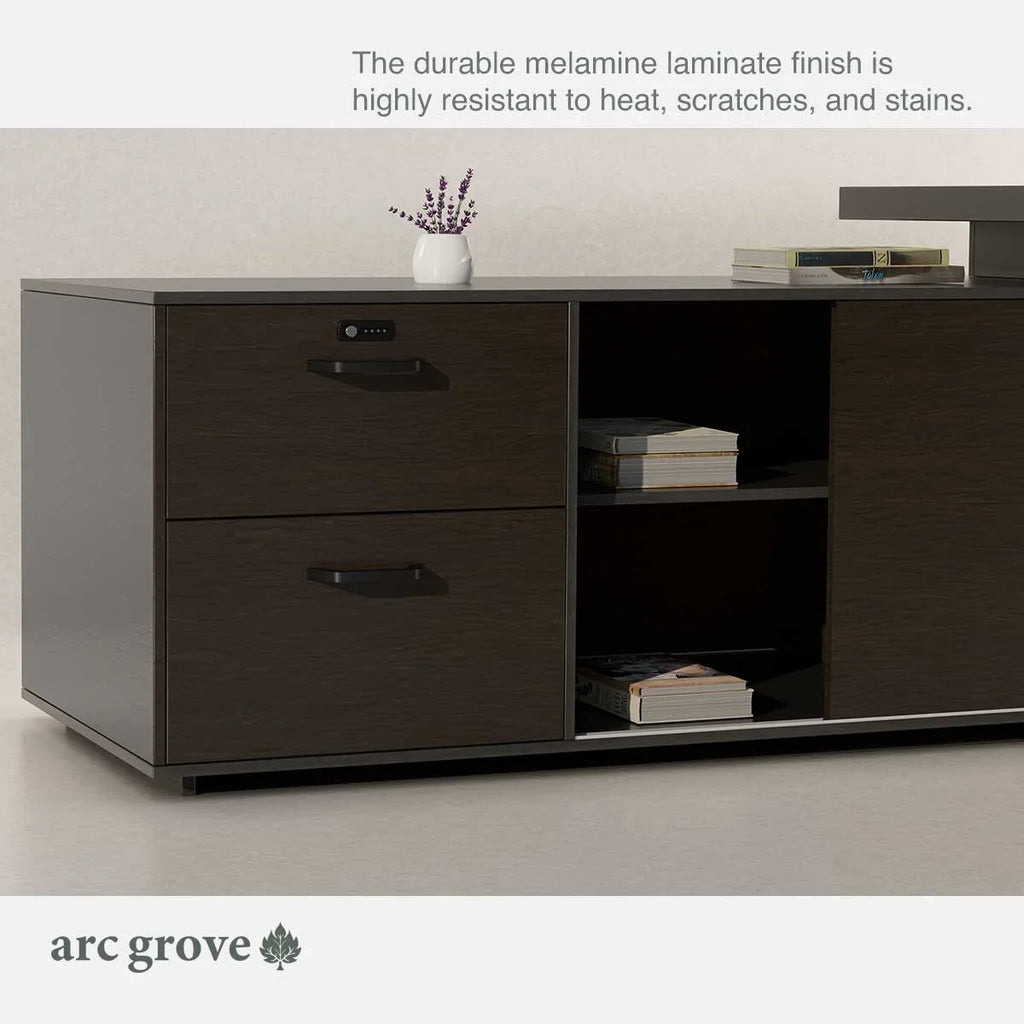 L-shaped desk cabinet with two drawers and open shelf, dark wood finish