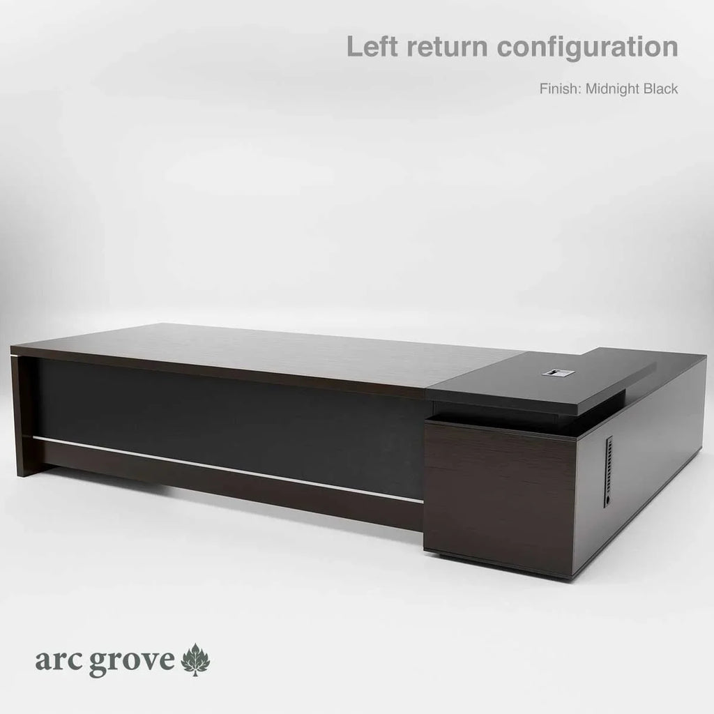 L-shaped executive desk, left return, midnight black finish with drawer