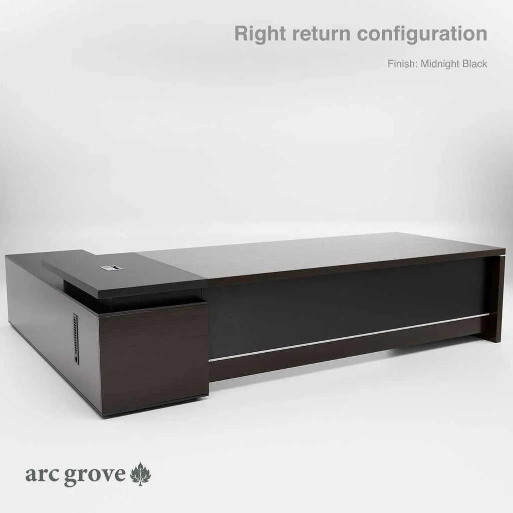 L-shaped executive desk, right return, midnight black finish with drawer