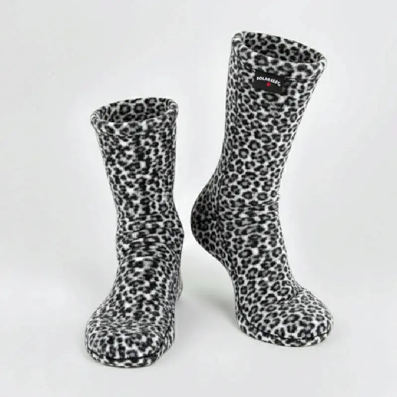 Snow leopard fleece socks with black-and-white leopard-print, crew height.
