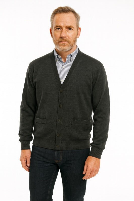 Charcoal merino wool cardigan with V-neck, button front, and two front patch pockets
