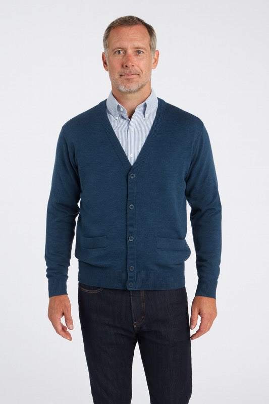 Men's merino wool cardigan, dark blue button-front knit with V-neck and pockets