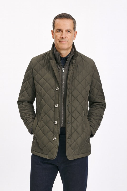 Men's quilted nylon jacket in dark green with full-zip front and snap buttons