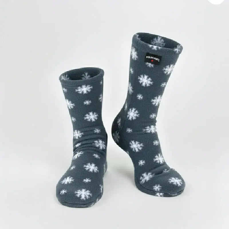 Adult fleece socks in dark gray with white snowflake pattern, ankle height