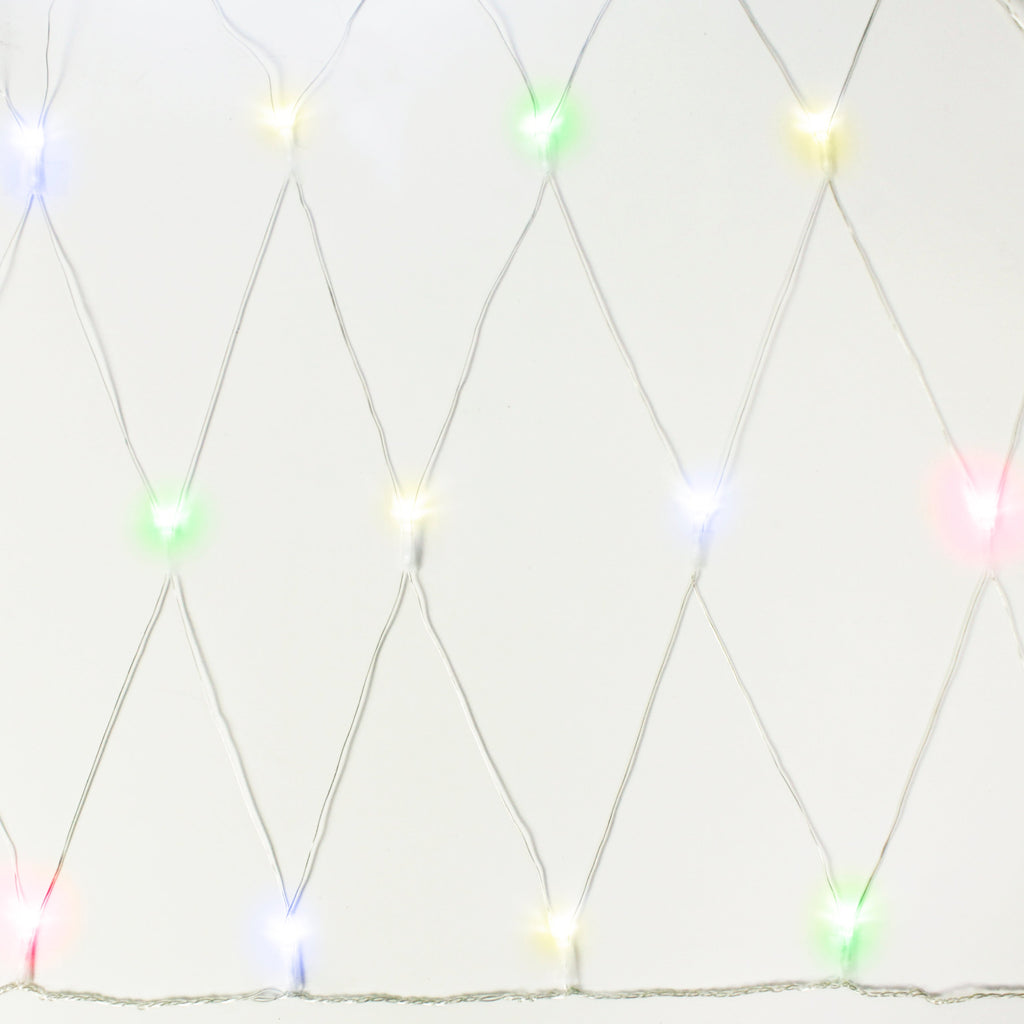 Multicolor LED net light curtain with glowing strands in a grid