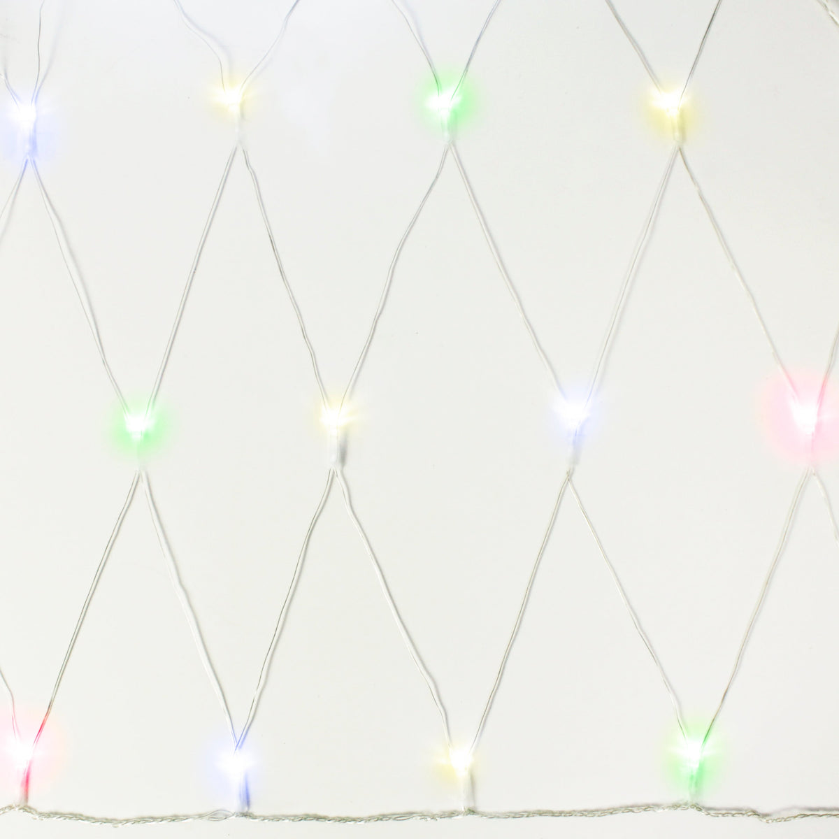 Multicolor LED net light curtain with glowing strands in a grid