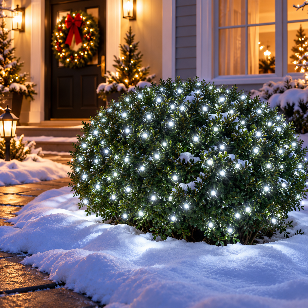 White LED net lights on dark green mesh, spread across a square ground cover