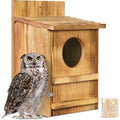 Wooden owl birdhouse with oval entrance hole and front flip-up panel