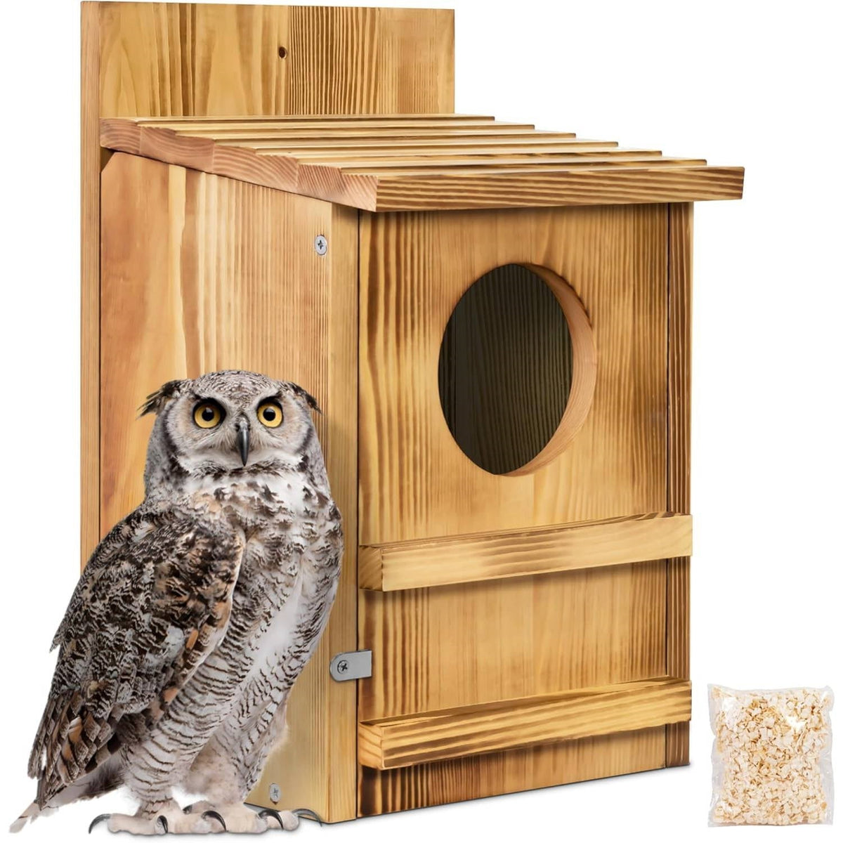 Wooden owl birdhouse with oval entrance hole and front flip-up panel