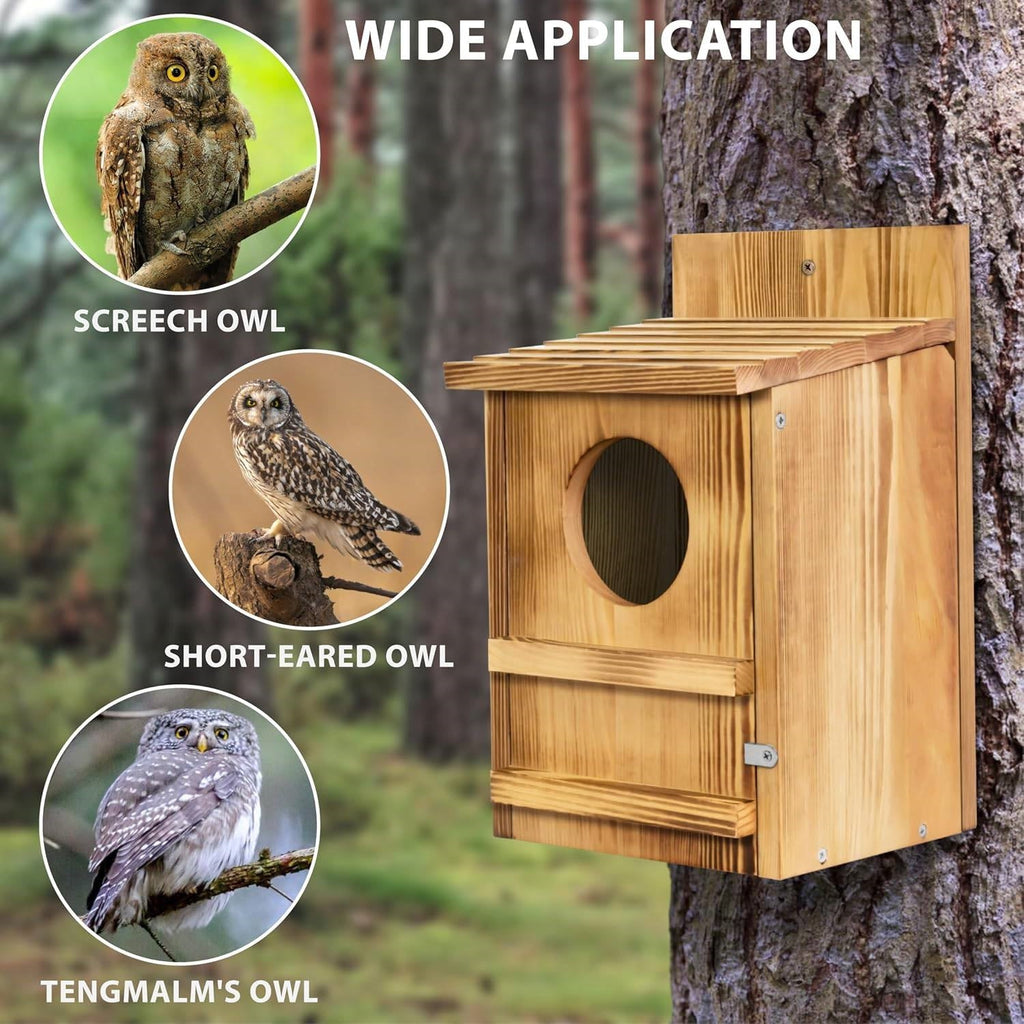 Wooden owl birdhouse on a tree trunk with a round oval entrance hole
