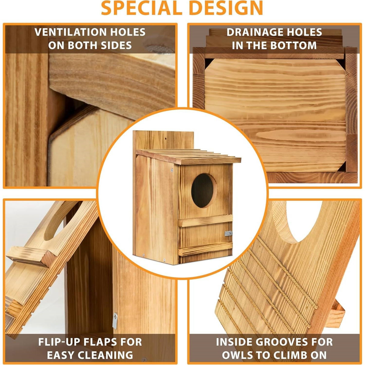 Wooden owl birdhouse with vent holes, bottom drainage, flip-up flaps and grooves