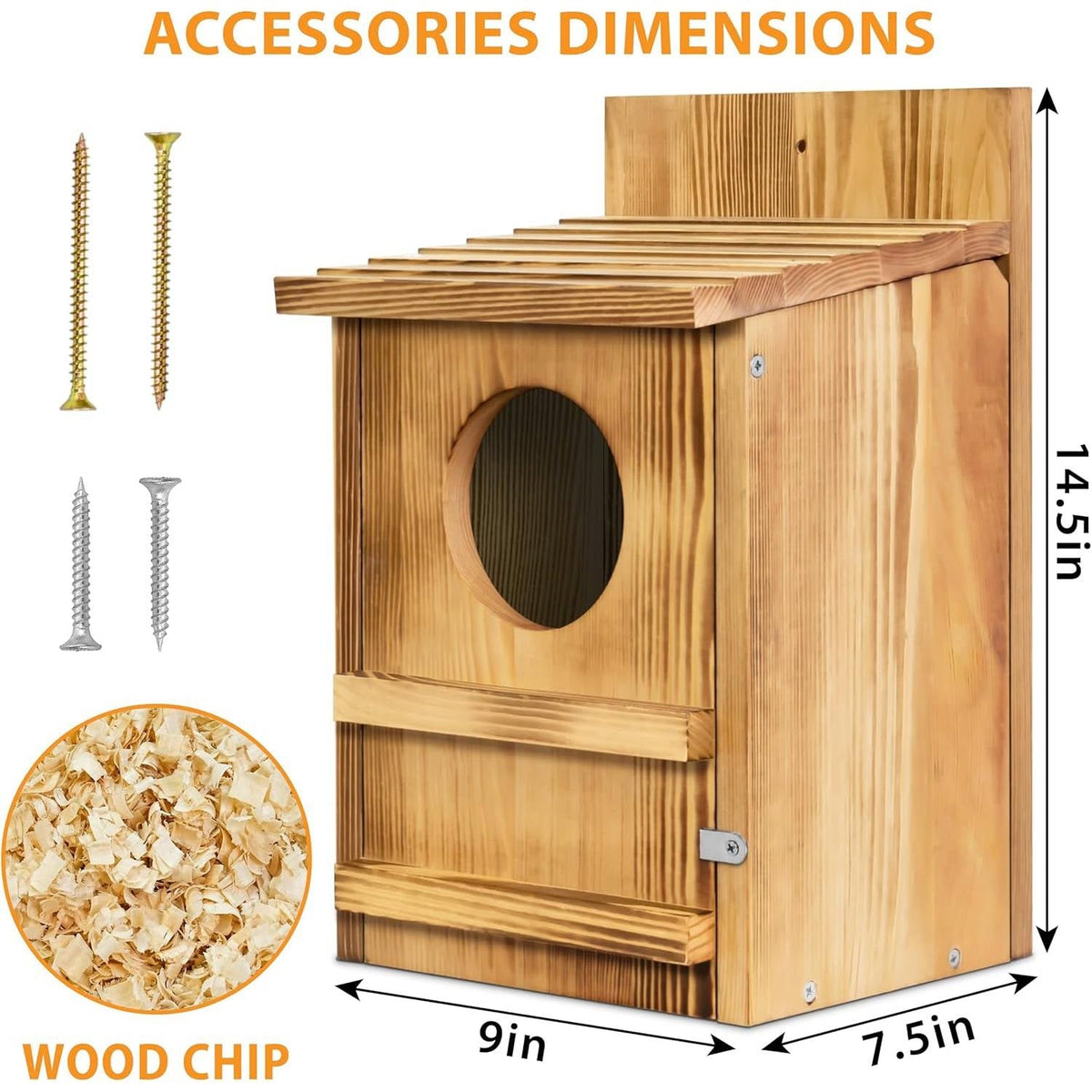 Wooden owl birdhouse with oval entrance, mounting screws, and wood chip