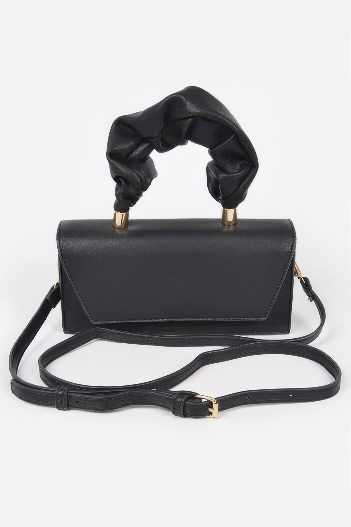 Black wrinkled-handle flap clutch with shoulder strap and gold-tone hardware