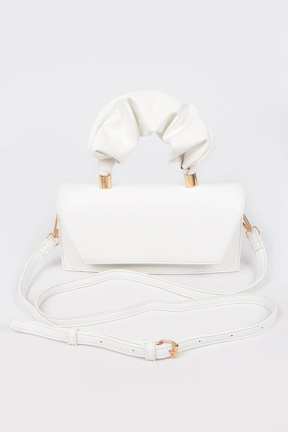 White wrinkled-handle flap clutch with crossbody strap and gold-tone hardware