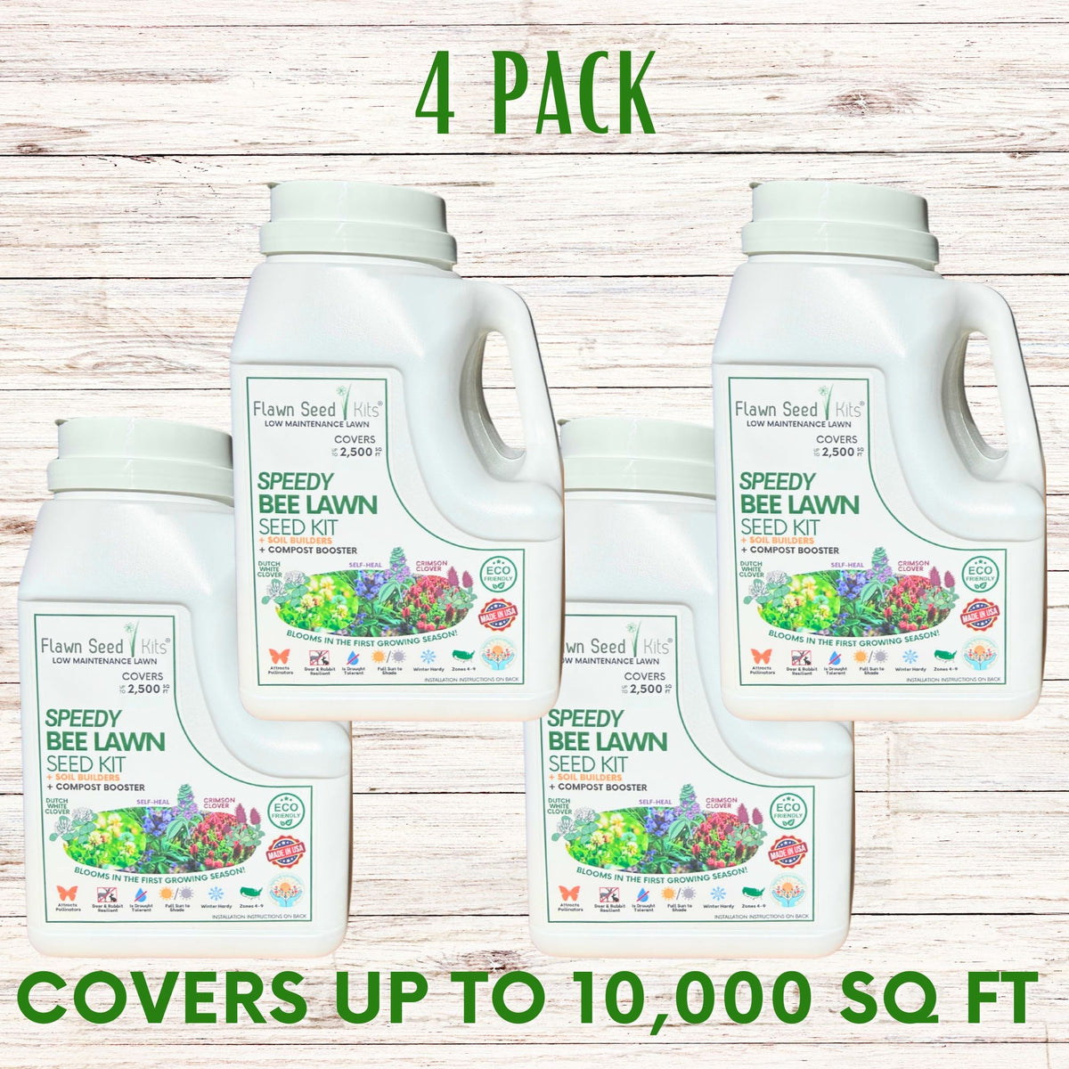 Four-pack bee lawn seed kit jugs, white bottles shown as a set