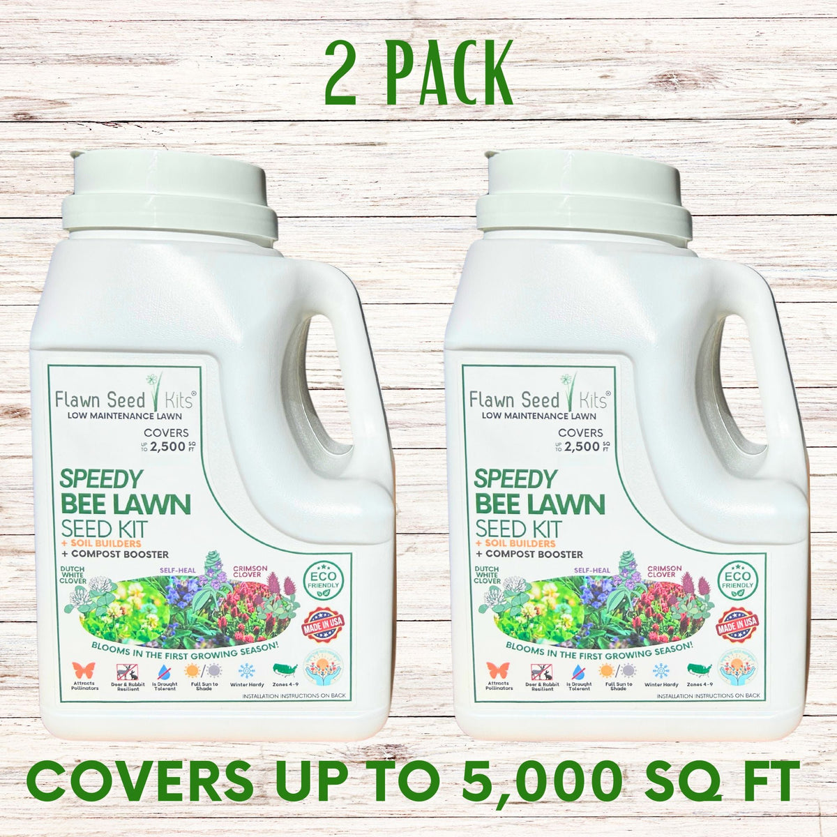 Two-pack bee lawn seed kit jugs, white plastic bottles side by side