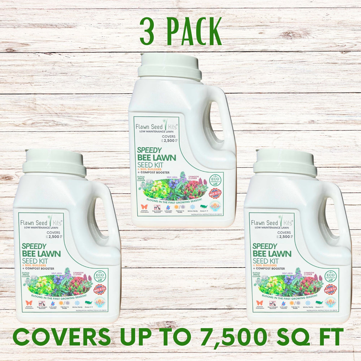 Three-pack bee lawn seed kit jugs, white bottles with handle loops