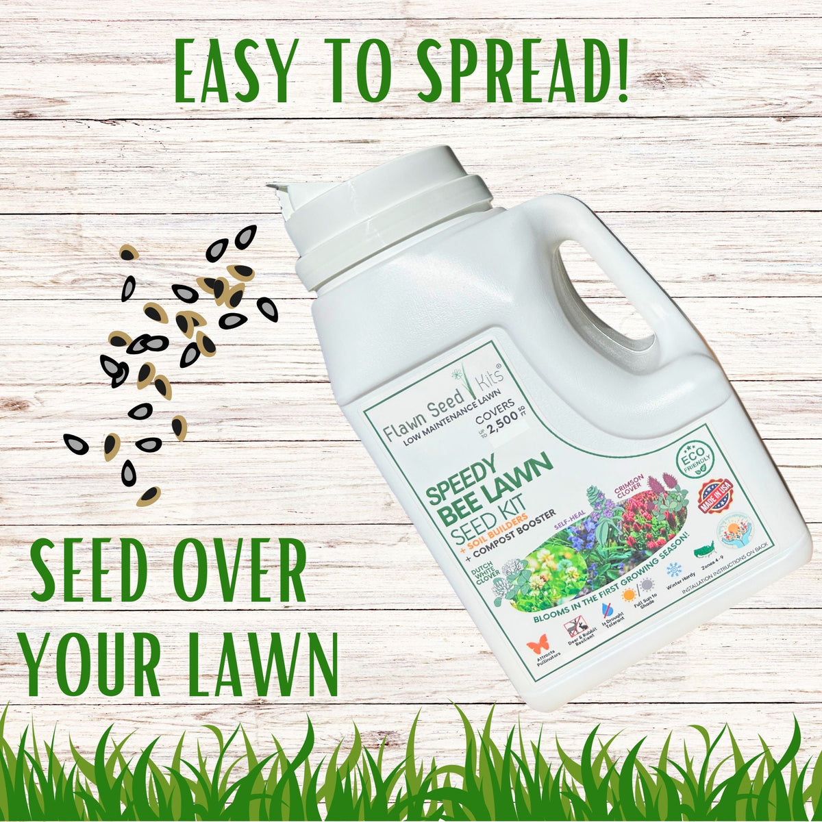 Lawn seed kit bottle with floating seeds and grass blades, easy-to-spread message