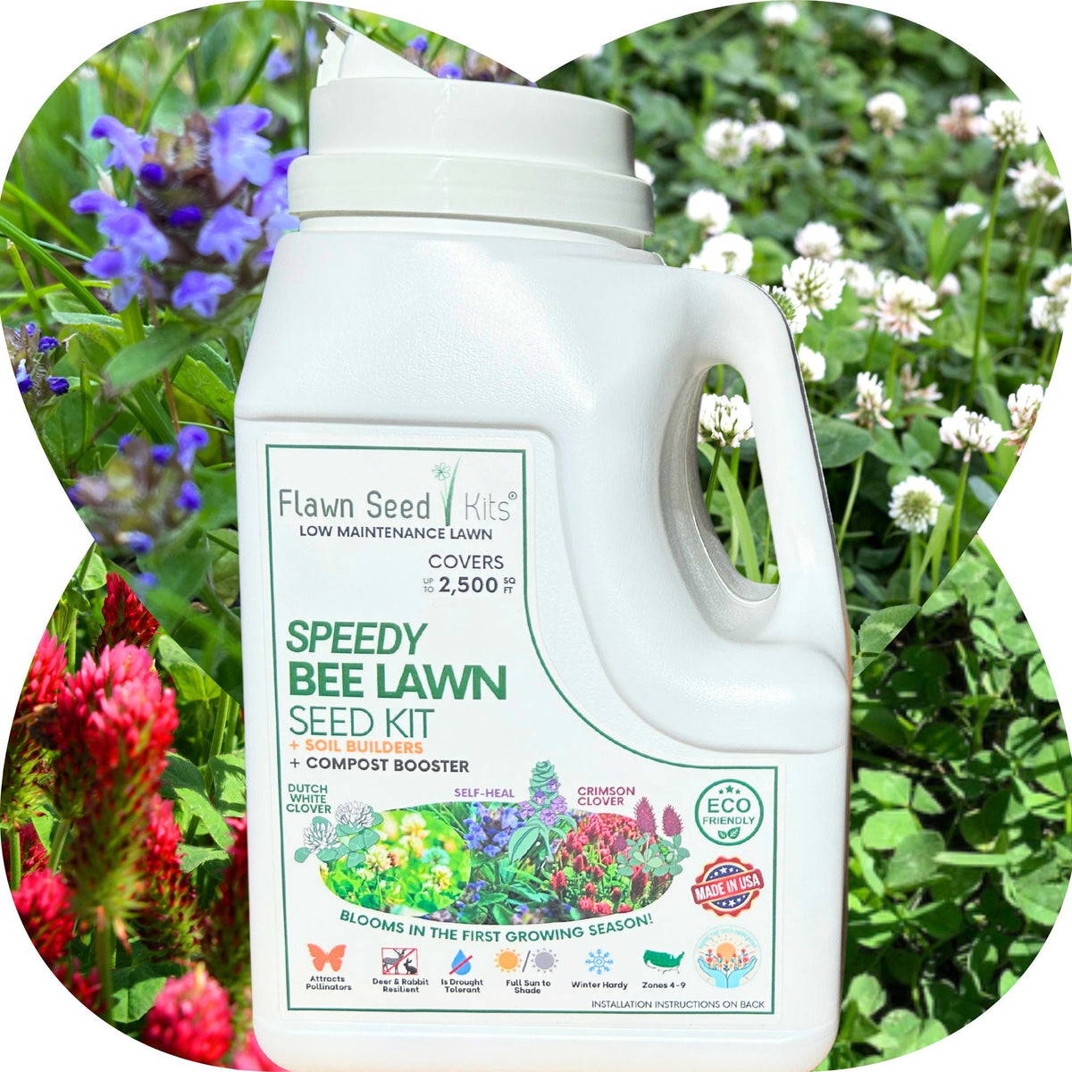 Bee lawn seed kit white plastic jug with side label and handle