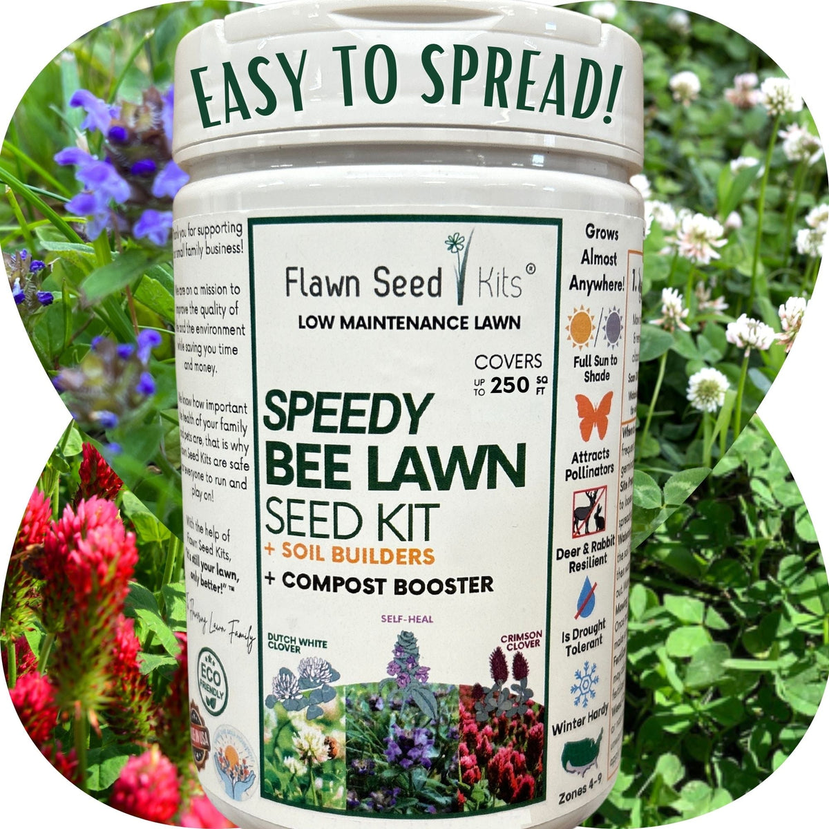 Lawn seed kit bottle with Speedy Bee label for 250 sq ft low-maintenance lawn