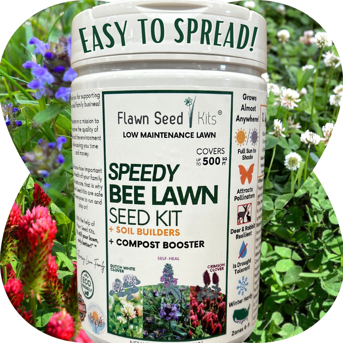 Bee lawn seed kit white plastic jug with front label and pull-top cap